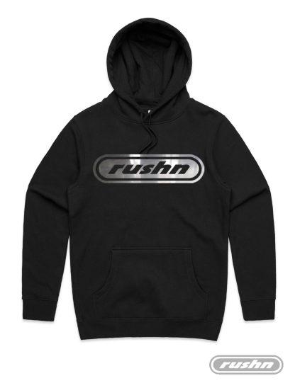 Rushn reflective logo on a black hoodie